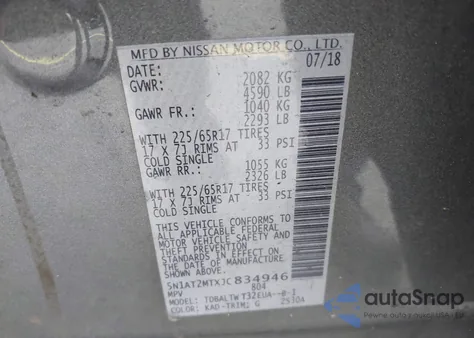 2018 Nissan Rogue Sv z USA, uszkodzony, nr VIN 5N1AT2MTXJC834946